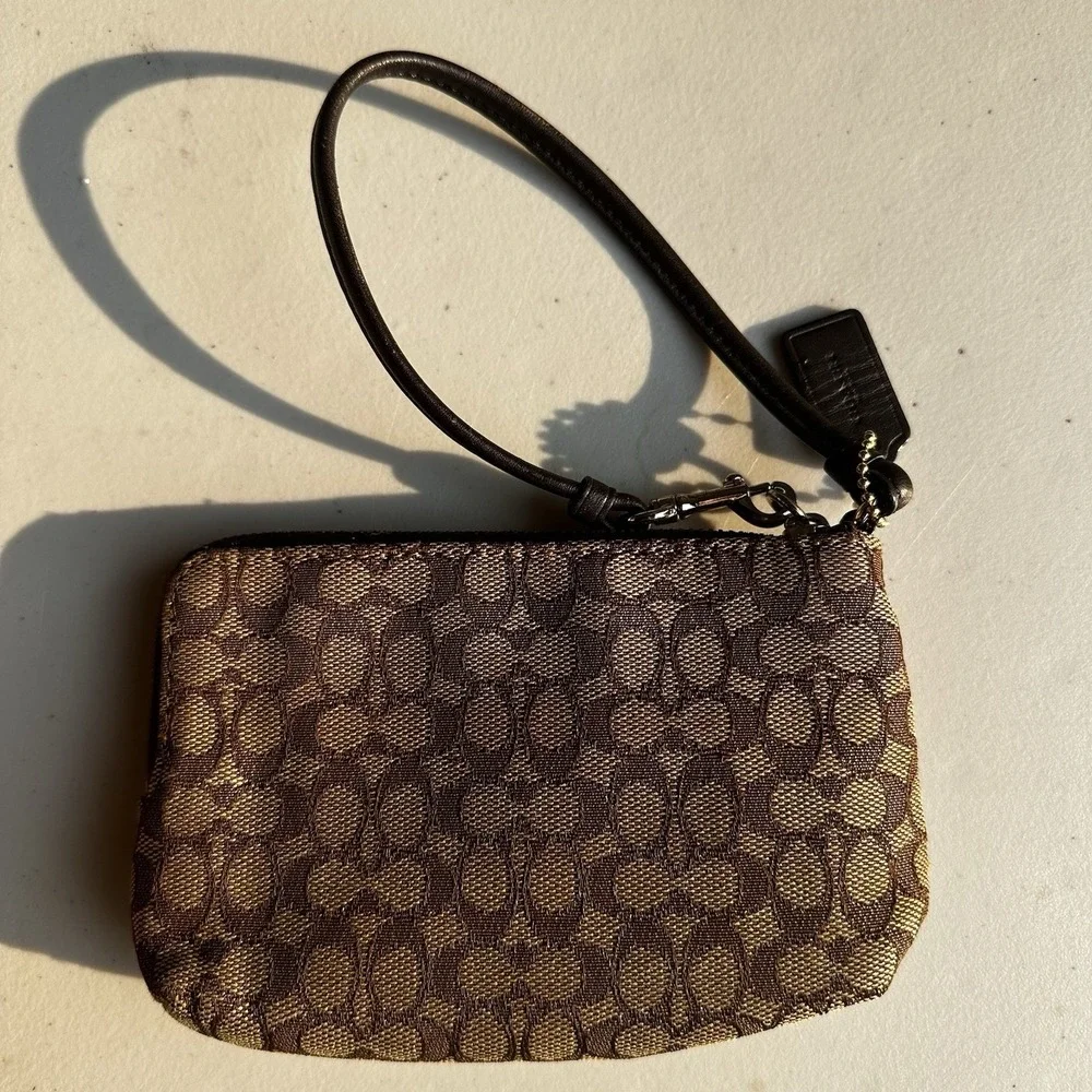 Coach Double Zip Signature Canvas Wristlet Wallet Pouch Brown Khaki EUC